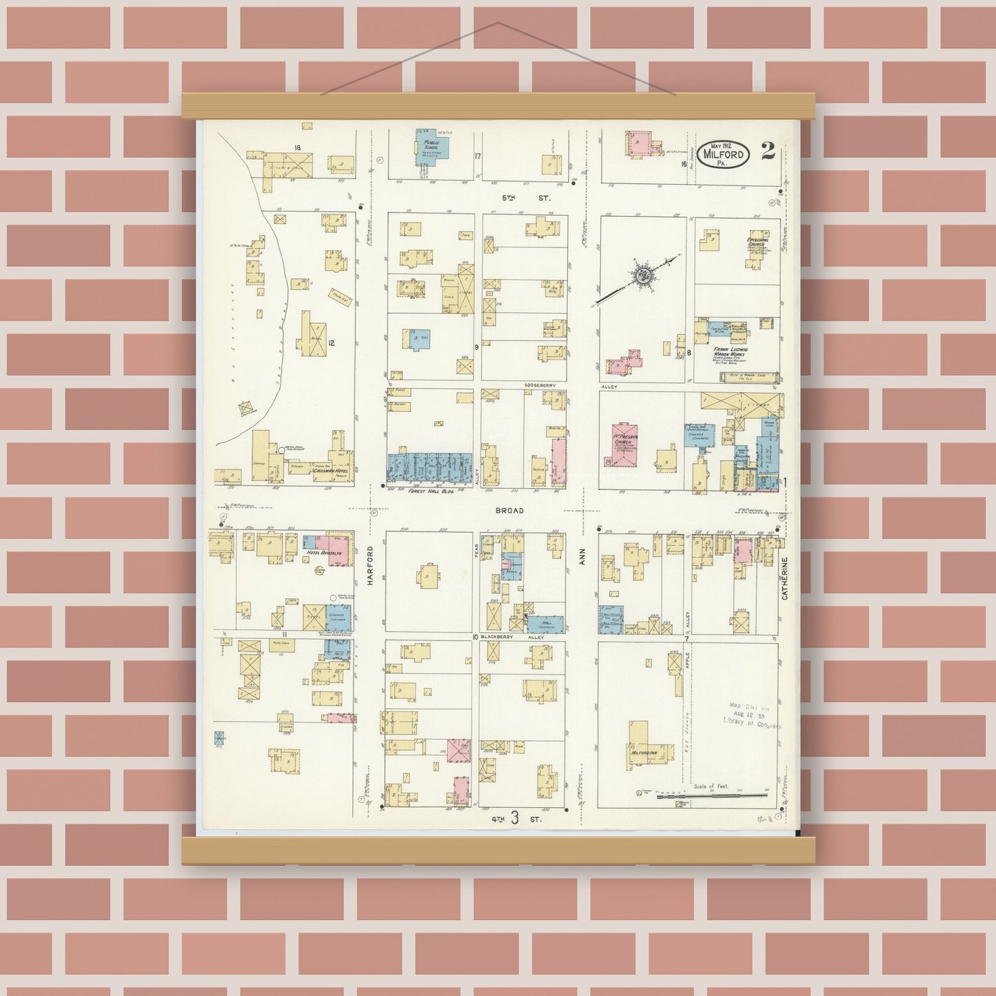 Old map wall art mockup — magnetic wood frame on brick wall — Sanborn Fire Insurance Map from Milford, Pike County, Pennsylvania (1912), Sheet #0002