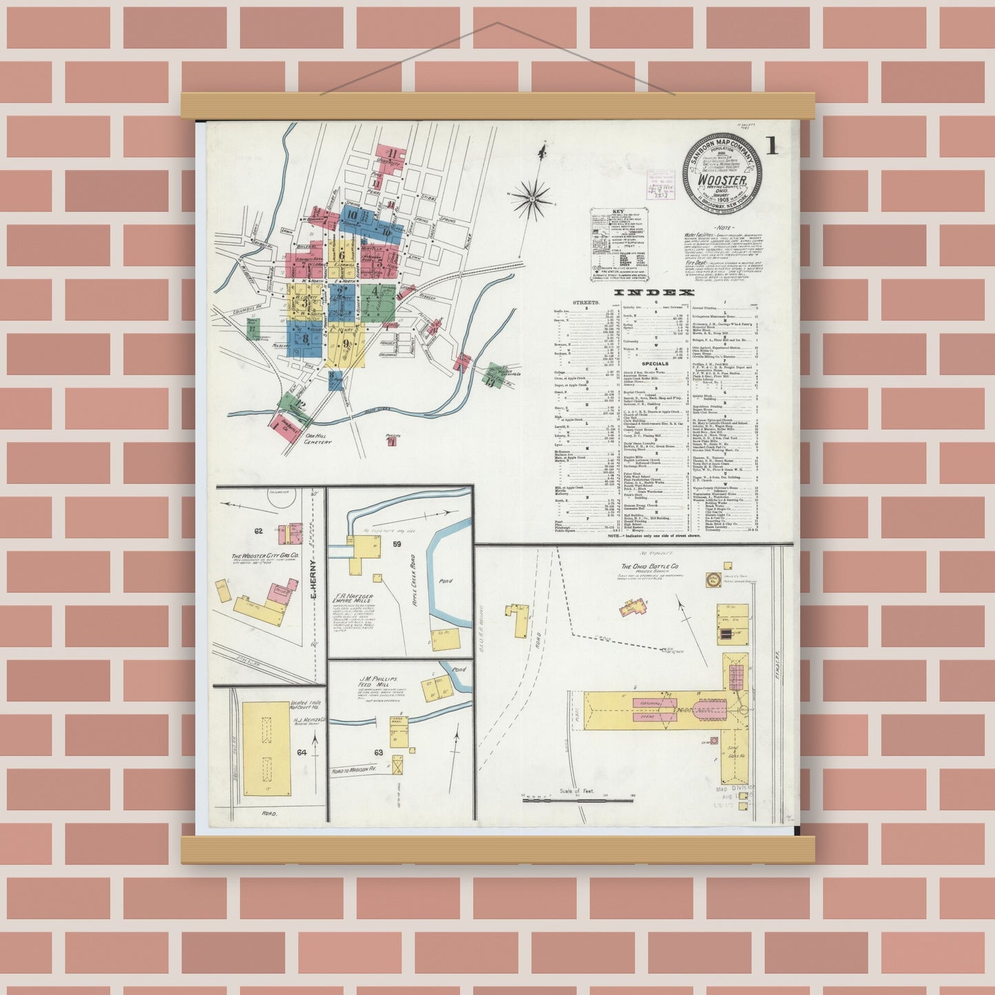 Old map wall art mockup — magnetic wood frame on brick wall — Sanborn Fire Insurance Map from Wooster, Wayne County, Ohio (1905), Sheet #0001