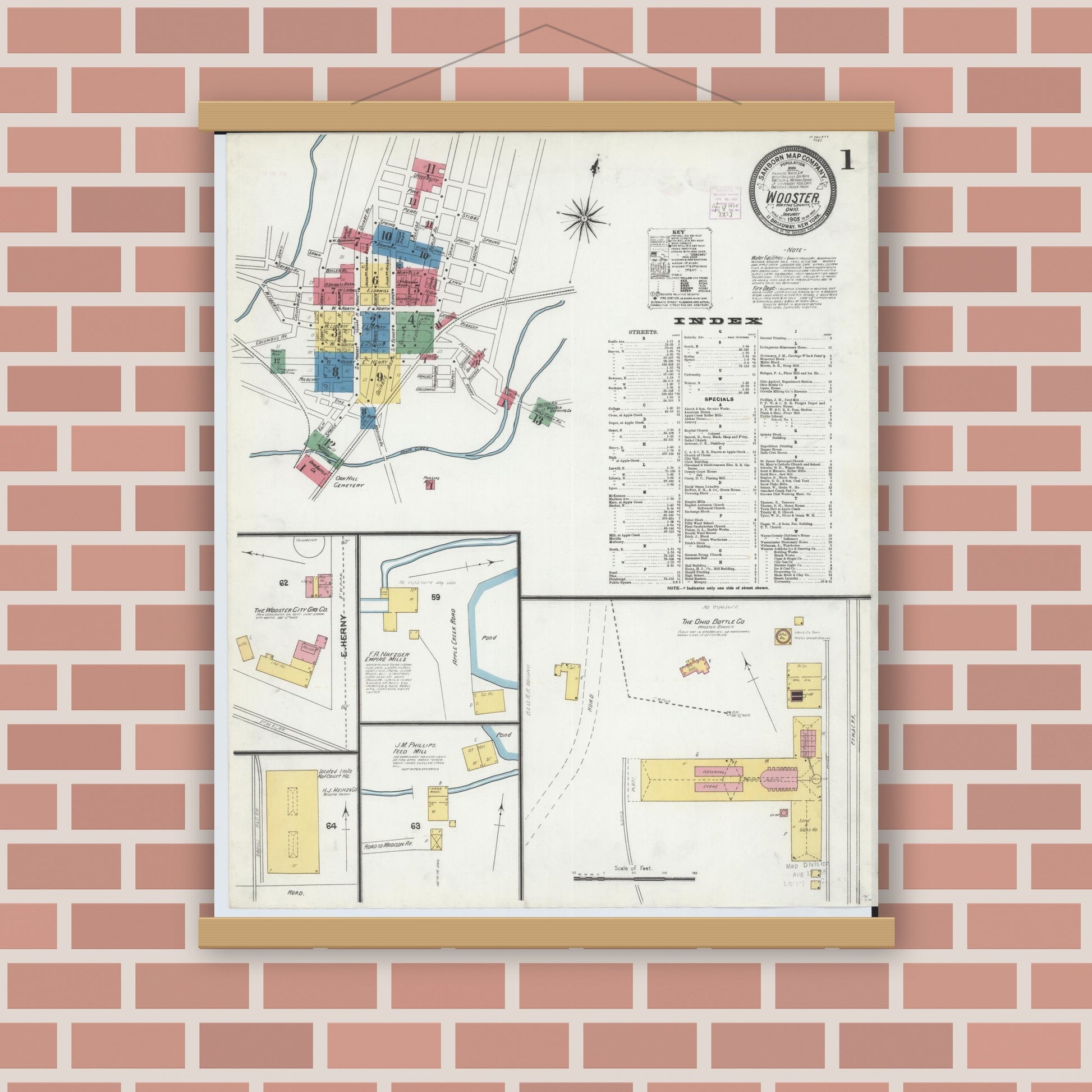 Old map wall art mockup — magnetic wood frame on brick wall — Sanborn Fire Insurance Map from Wooster, Wayne County, Ohio (1905), Sheet #0001