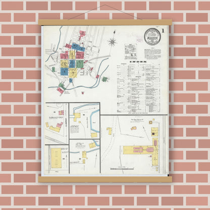 Old map wall art mockup — magnetic wood frame on brick wall — Sanborn Fire Insurance Map from Wooster, Wayne County, Ohio (1905), Sheet #0001
