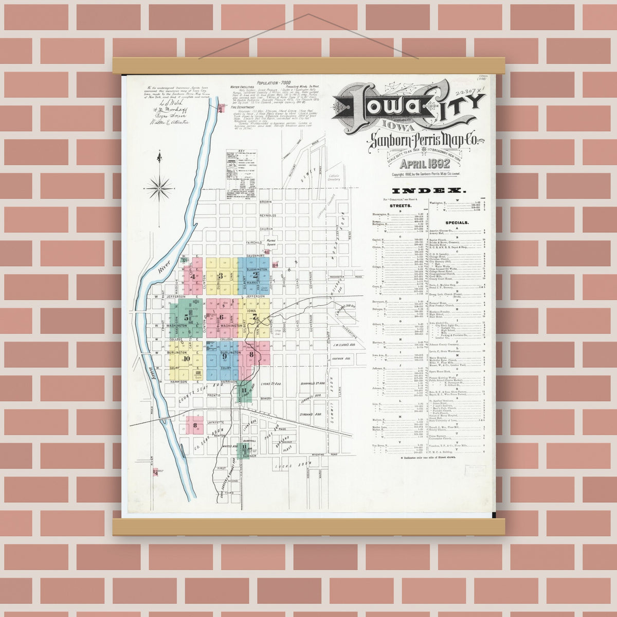 Old map wall art mockup — magnetic wood frame on brick wall — Sanborn Fire Insurance Map from Iowa City, Johnson County, Iowa (1892) â€” Complete Set
