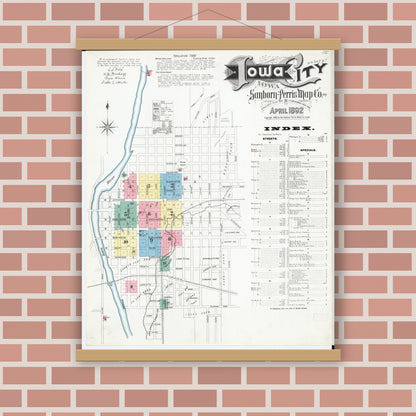 Old map wall art mockup — magnetic wood frame on brick wall — Sanborn Fire Insurance Map from Iowa City, Johnson County, Iowa (1892) â€” Complete Set