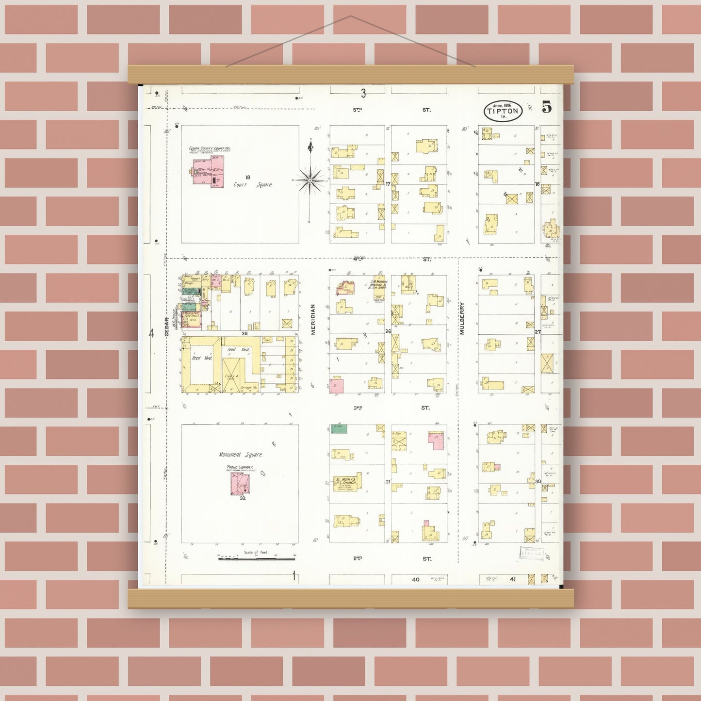 Old map wall art mockup — magnetic wood frame on brick wall — Sanborn Fire Insurance Map from Tipton, Cedar County, Iowa (1906), Sheet #0005