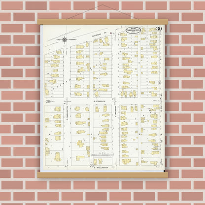 Old map wall art mockup — magnetic wood frame on brick wall — Sanborn Fire Insurance Map from Traverse City, Grand Traverse County, Michigan (1910), Sheet #0030