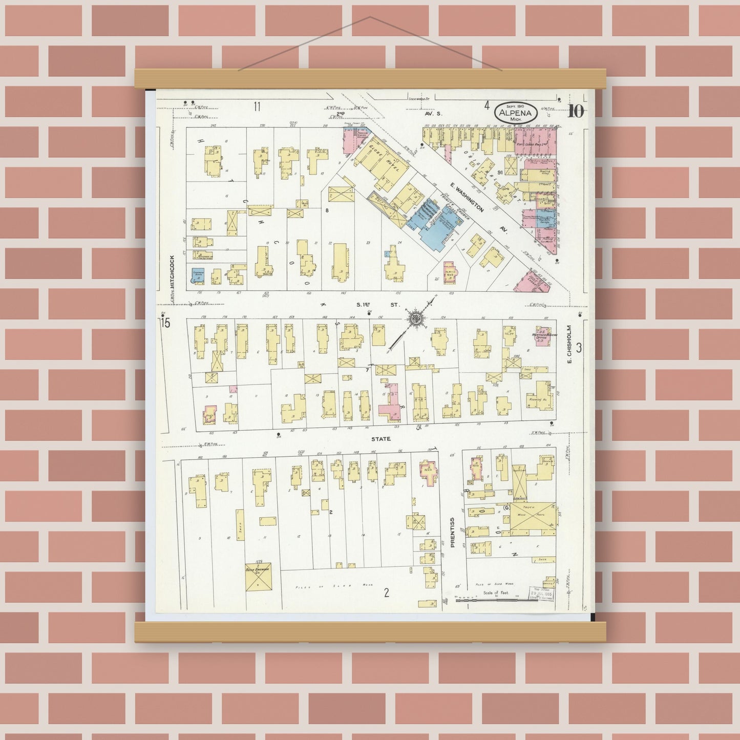Old map wall art mockup — magnetic wood frame on brick wall — Sanborn Fire Insurance Map from Alpena, Alpena County, Michigan (1910), Sheet #0010