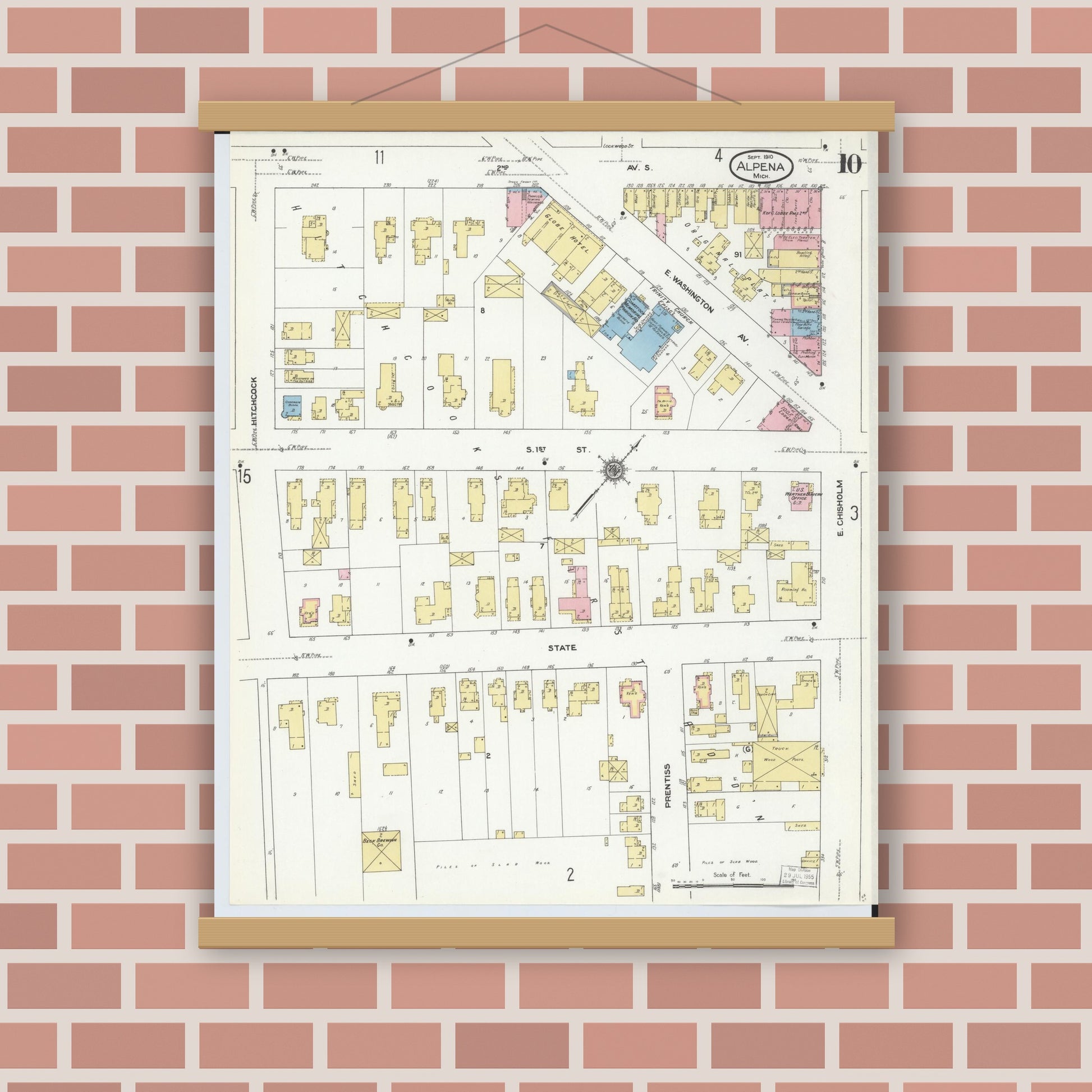 Old map wall art mockup — magnetic wood frame on brick wall — Sanborn Fire Insurance Map from Alpena, Alpena County, Michigan (1910), Sheet #0010