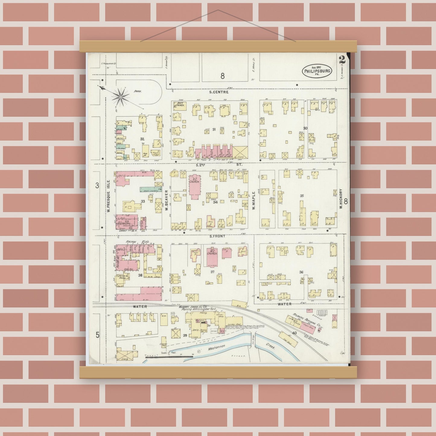 Old map wall art mockup — magnetic wood frame on brick wall — Sanborn Fire Insurance Map from Philipsburg, Centre County, Pennsylvania (1897), Sheet #0002