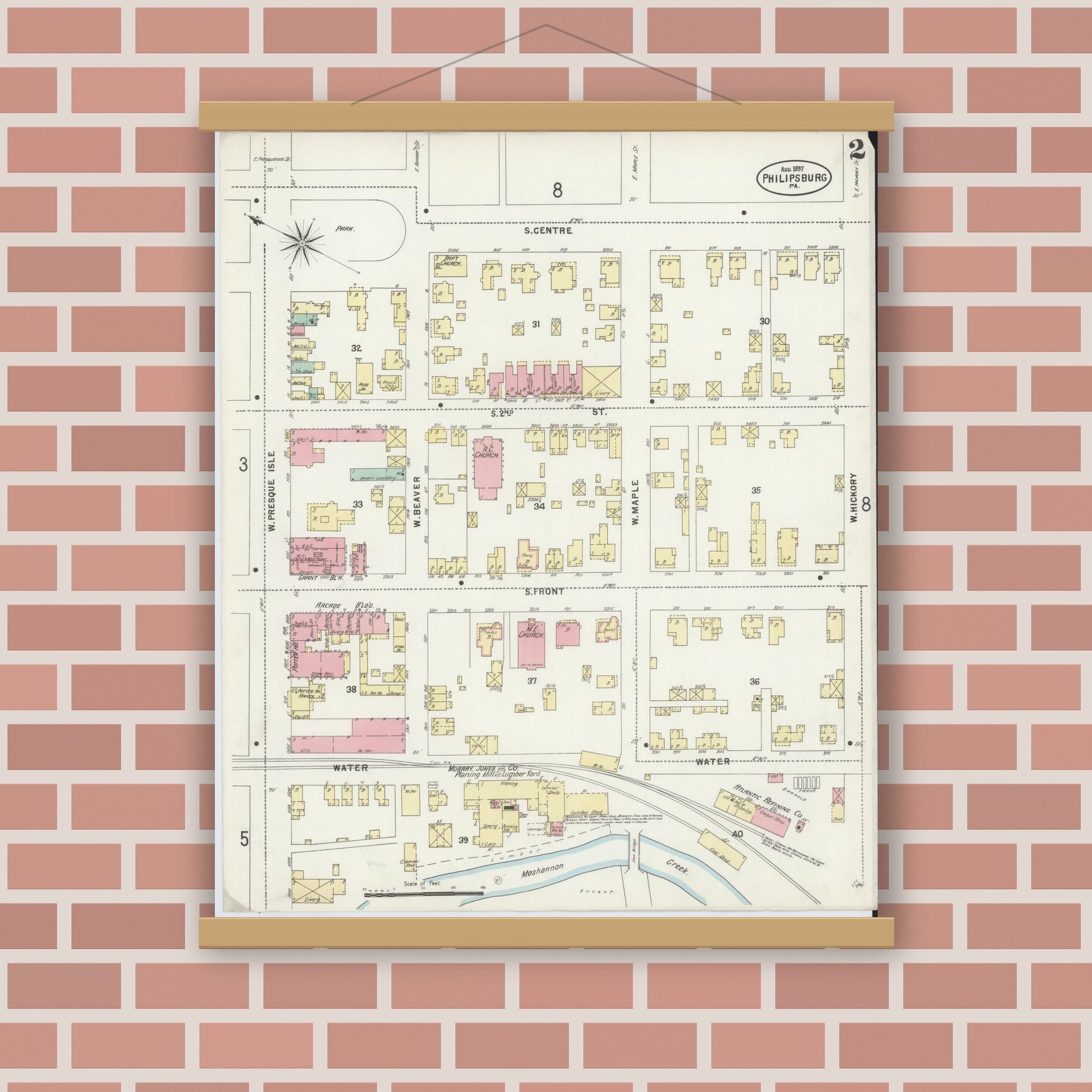 Old map wall art mockup — magnetic wood frame on brick wall — Sanborn Fire Insurance Map from Philipsburg, Centre County, Pennsylvania (1897), Sheet #0002