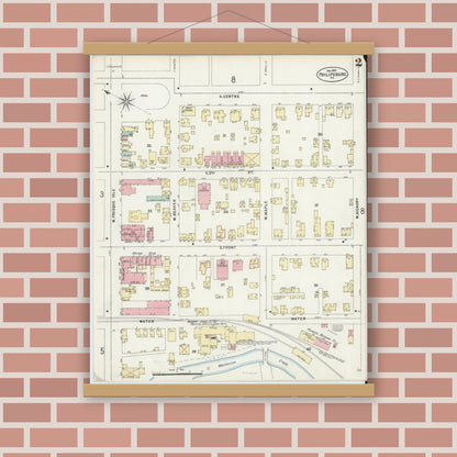 Old map wall art mockup — magnetic wood frame on brick wall — Sanborn Fire Insurance Map from Philipsburg, Centre County, Pennsylvania (1897), Sheet #0002