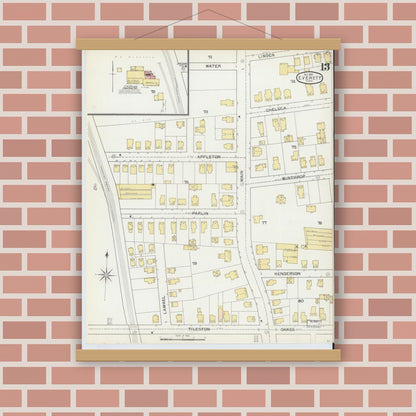 Old map wall art mockup — magnetic wood frame on brick wall — Sanborn Fire Insurance Map from Everett, Middlesex County, Massachusetts (1892), Sheet #0013