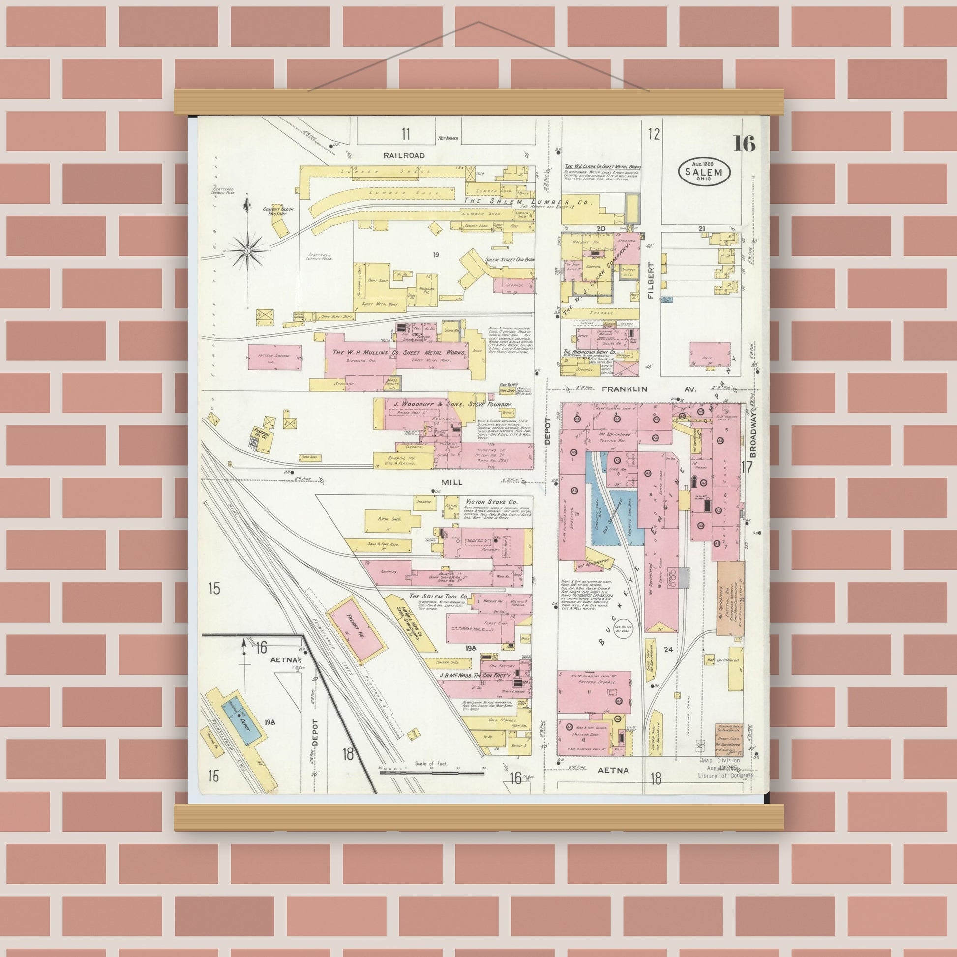 Old map wall art mockup — magnetic wood frame on brick wall — Sanborn Fire Insurance Map from Salem, Columbiana County, Ohio (1909), Sheet #0016