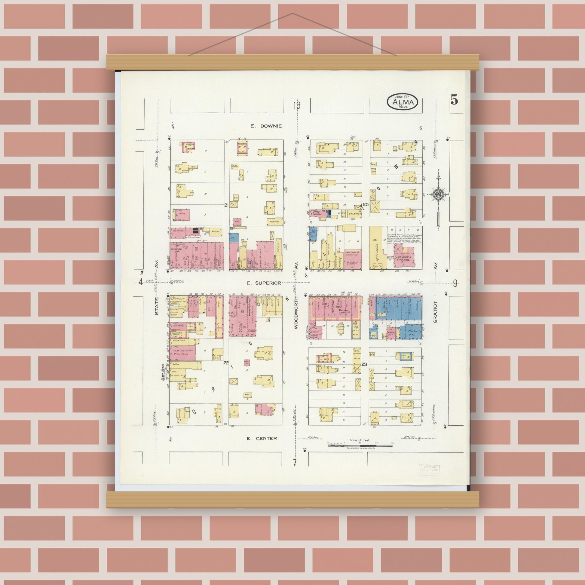 Old map wall art mockup — magnetic wood frame on brick wall — Sanborn Fire Insurance Map from Alma, Gratiot County, Michigan (1917), Sheet #0005
