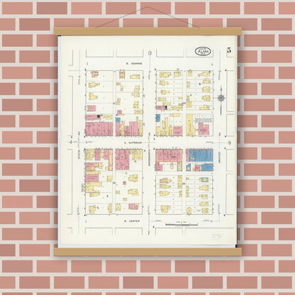 Old map wall art mockup — magnetic wood frame on brick wall — Sanborn Fire Insurance Map from Alma, Gratiot County, Michigan (1917), Sheet #0005
