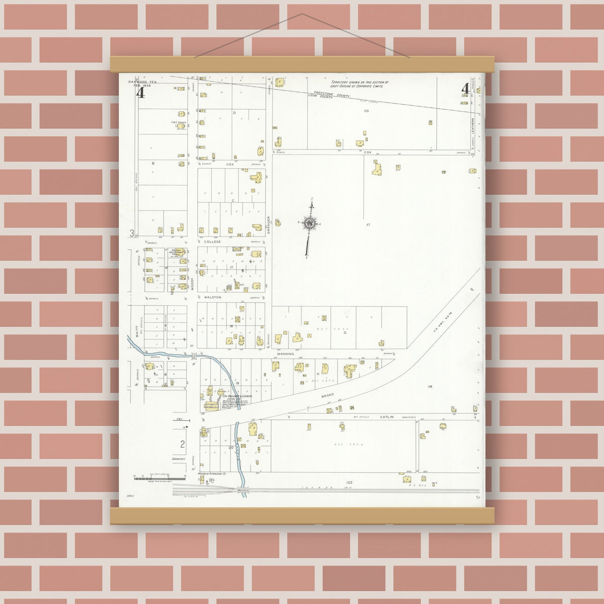 Old map wall art mockup — magnetic wood frame on brick wall — Sanborn Fire Insurance Map from Oakwood, Leon County, Texas (1939), Sheet #0004
