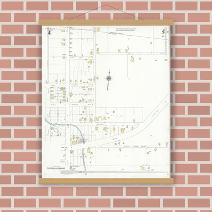 Old map wall art mockup — magnetic wood frame on brick wall — Sanborn Fire Insurance Map from Oakwood, Leon County, Texas (1939), Sheet #0004
