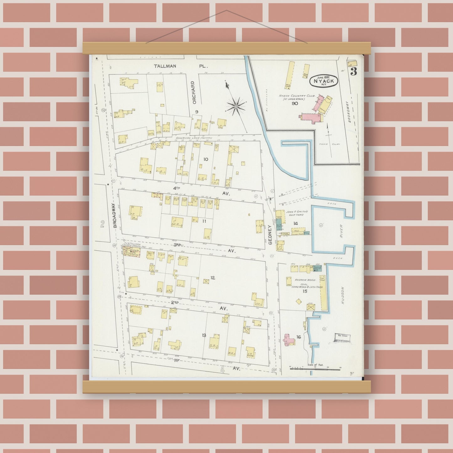 Old map wall art mockup — magnetic wood frame on brick wall — Sanborn Fire Insurance Map from Nyack, Rockland County, New York. (1892), Sheet #0003
