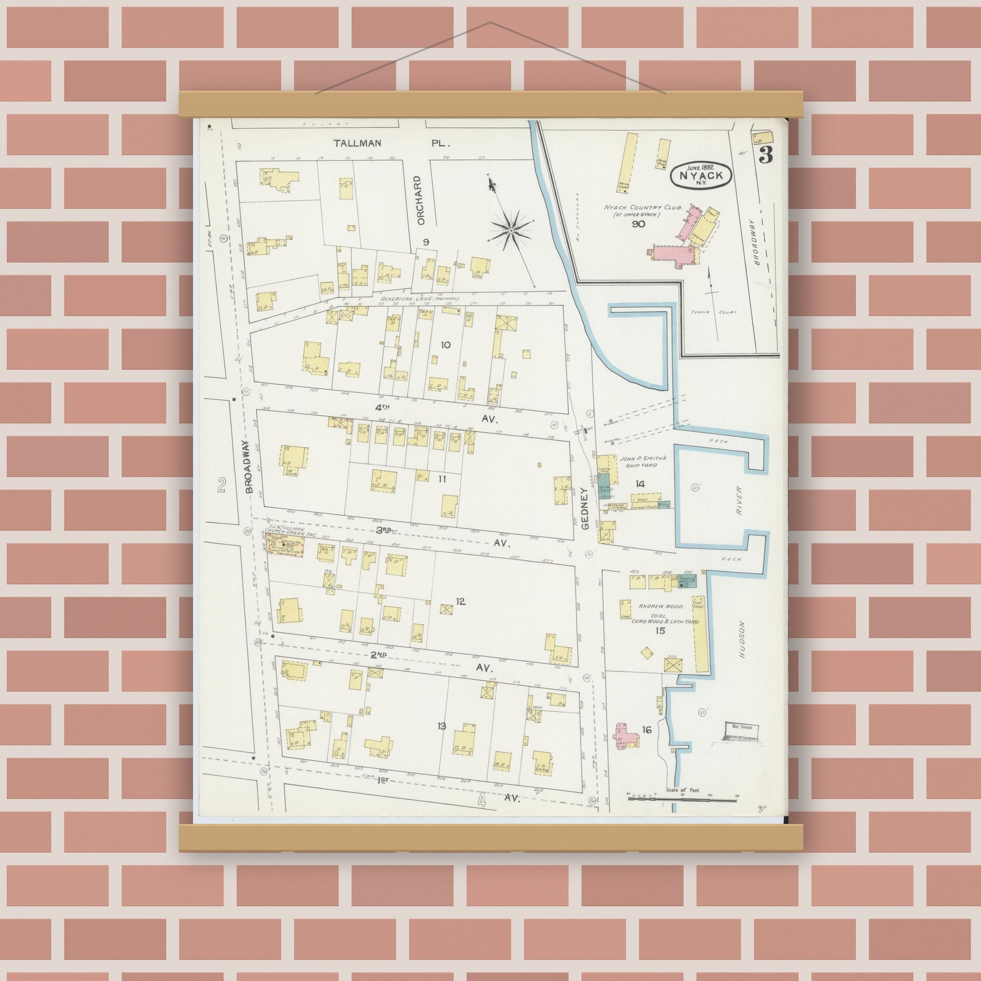 Old map wall art mockup — magnetic wood frame on brick wall — Sanborn Fire Insurance Map from Nyack, Rockland County, New York. (1892), Sheet #0003