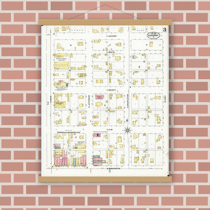 Old map wall art mockup — magnetic wood frame on brick wall — Sanborn Fire Insurance Map from Sigourney, Kiokuk County, Iowa (1899), Sheet #0003