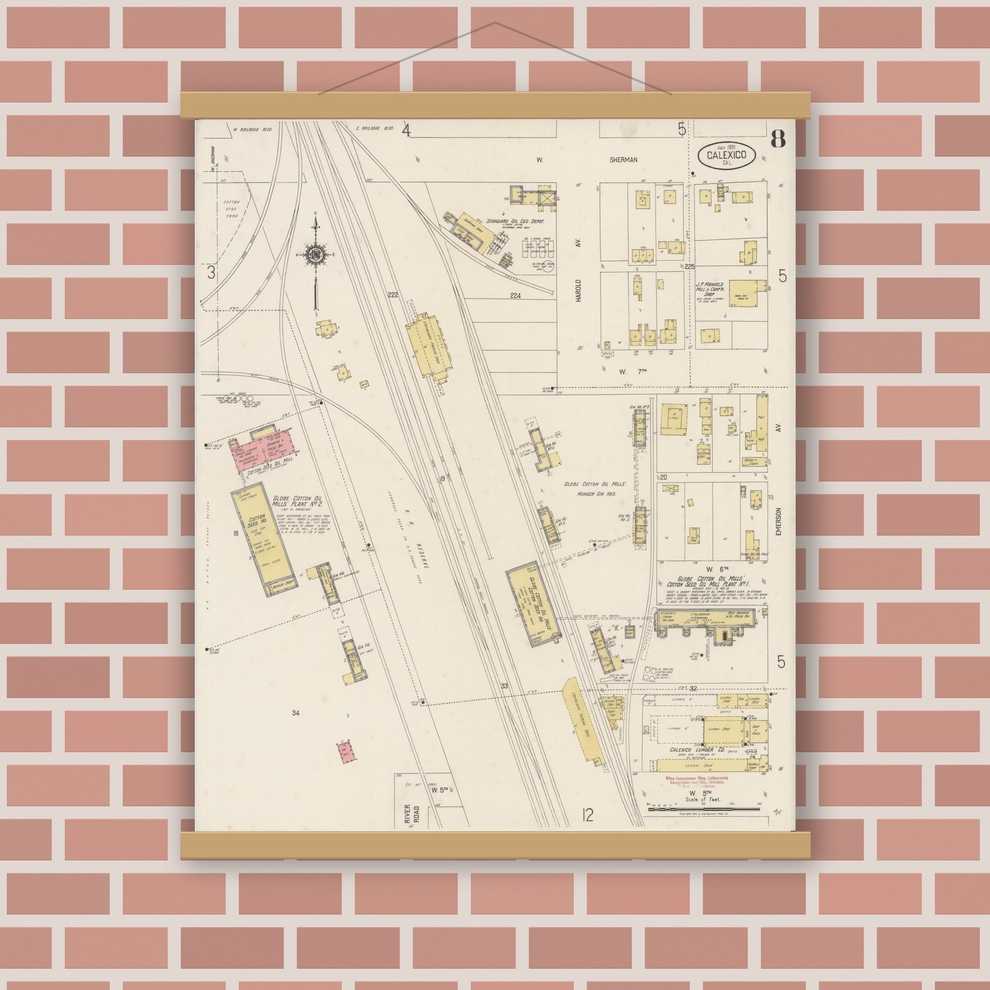 Old map wall art mockup — magnetic wood frame on brick wall — Sanborn Fire Insurance Map from Calexico, Imperial County, California (1920), Sheet #0008