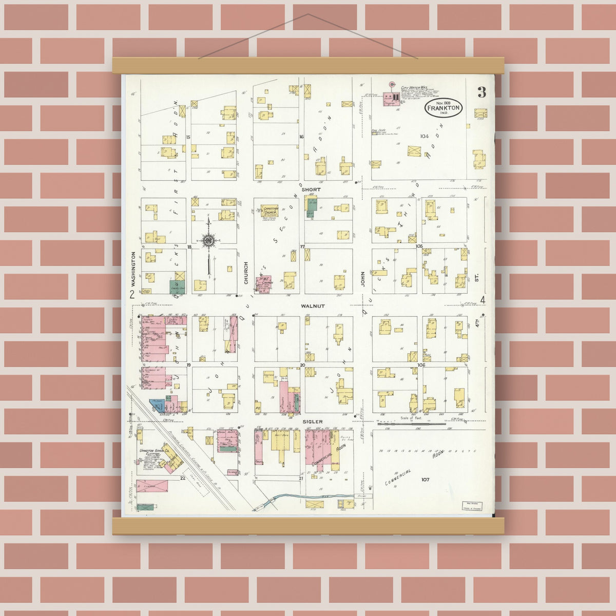Old map wall art mockup — magnetic wood frame on brick wall — Sanborn Fire Insurance Map from Frankton, Madison County, Indiana (1909), Sheet #0003
