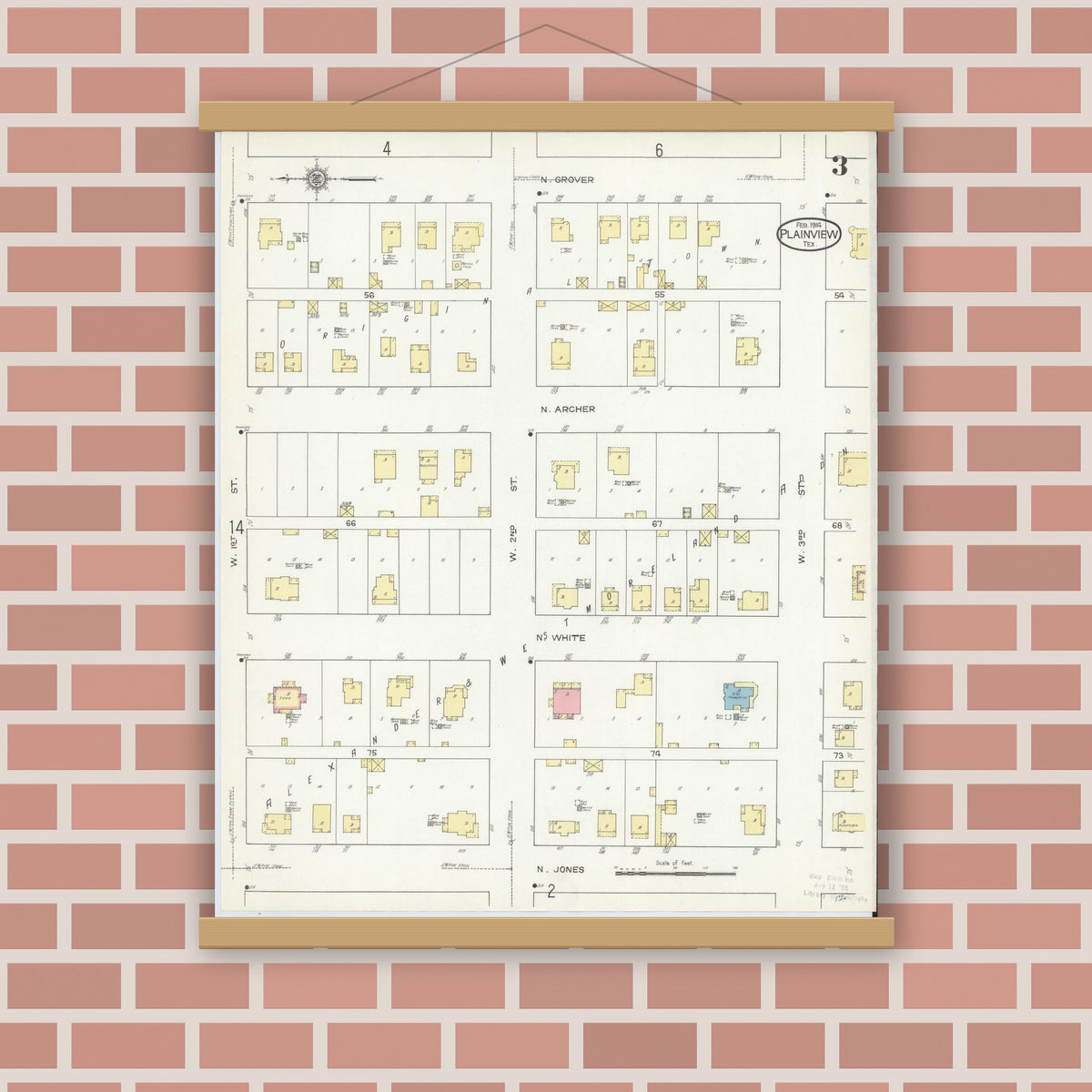 Old map wall art mockup — magnetic wood frame on brick wall — Sanborn Fire Insurance Map from Plainview, Hale County, Texas (1914), Sheet #0003