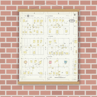 Old map wall art mockup — magnetic wood frame on brick wall — Sanborn Fire Insurance Map from Plainview, Hale County, Texas (1914), Sheet #0003