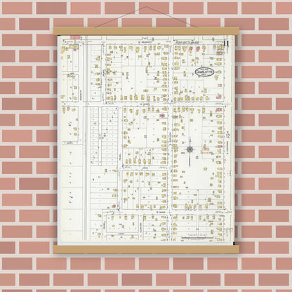 Old map wall art mockup — magnetic wood frame on brick wall — Sanborn Fire Insurance Map from Charlotte, Eaton County, Michigan (1918), Sheet #0011