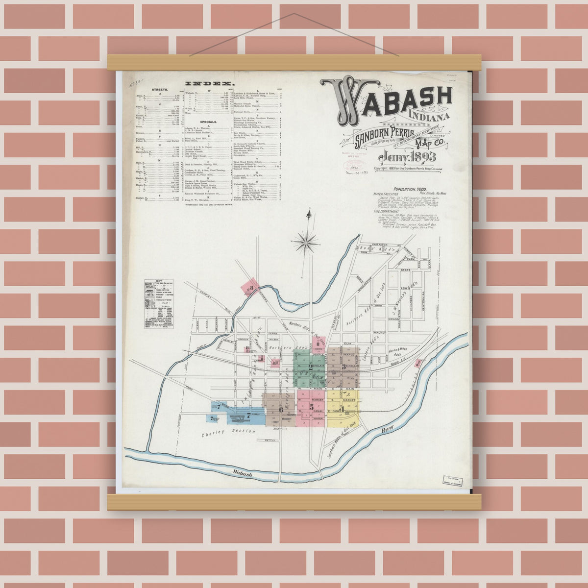 Old map wall art mockup — magnetic wood frame on brick wall — Sanborn Fire Insurance Map from Wabash, Wabash County, Indiana (1893) - Complete Map Set