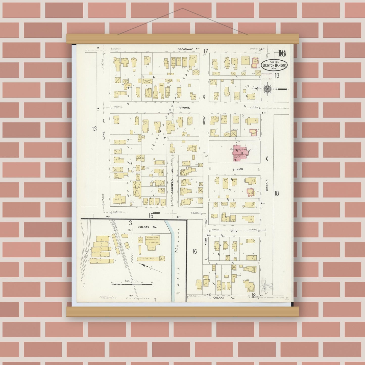 Old map wall art mockup — magnetic wood frame on brick wall — Sanborn Fire Insurance Map from Benton Harbor, Berrien County, Michigan (1911), Sheet #0016