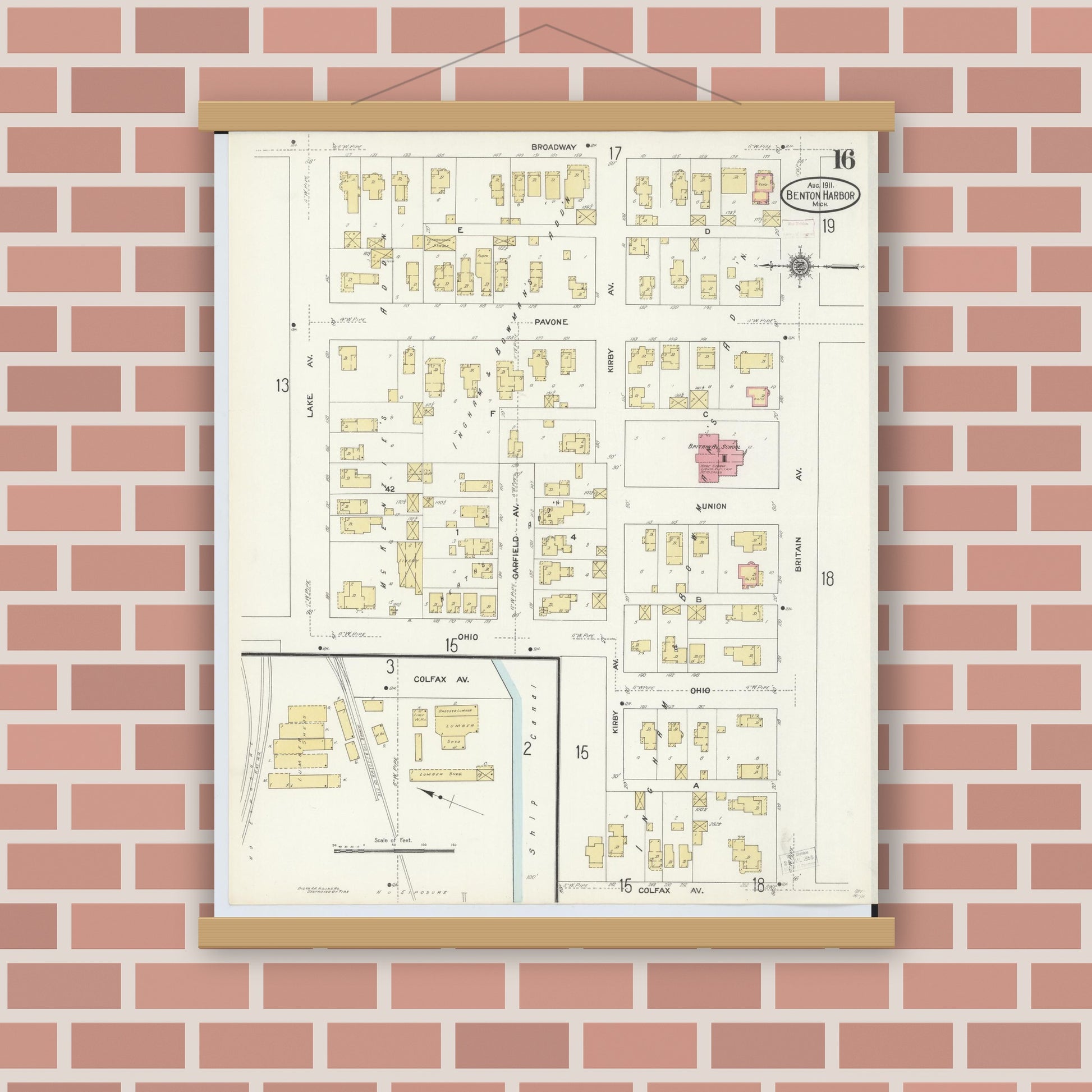 Old map wall art mockup — magnetic wood frame on brick wall — Sanborn Fire Insurance Map from Benton Harbor, Berrien County, Michigan (1911), Sheet #0016