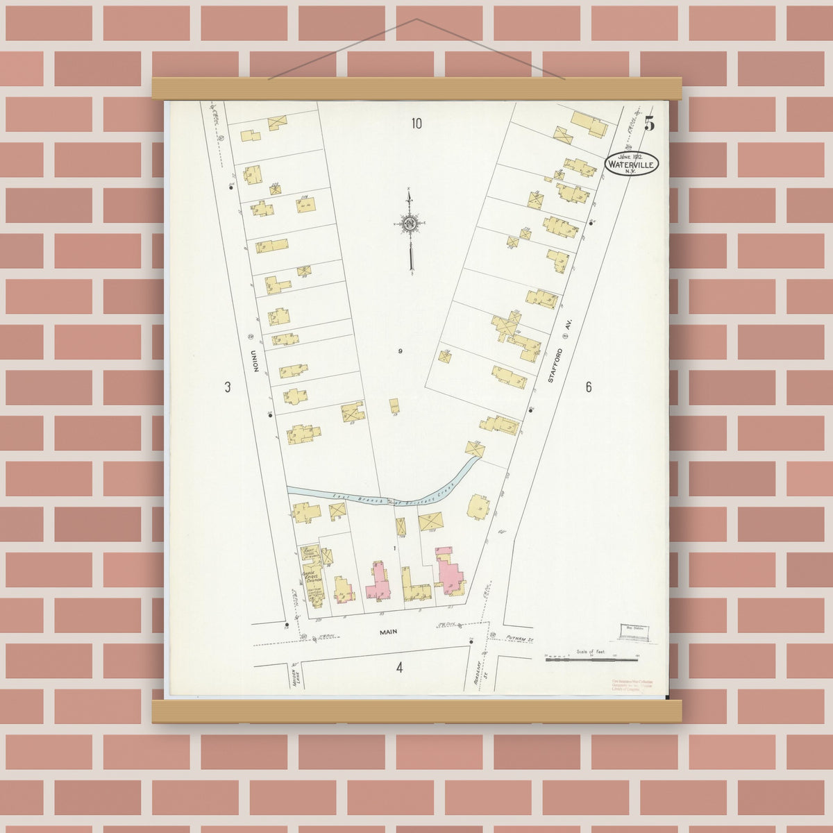 Old map wall art mockup — magnetic wood frame on brick wall — Sanborn Fire Insurance Map from Waterville, Oneida County, New York (1912), Sheet #0005