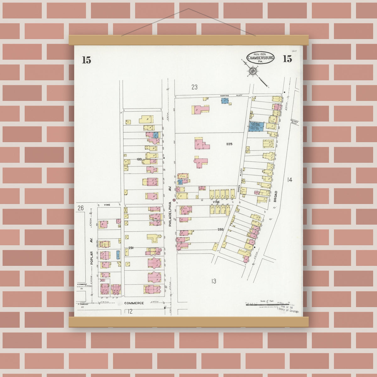 Old map wall art mockup — magnetic wood frame on brick wall — Sanborn Fire Insurance Map from Chambersburg, Franklin County, Pennsylvania (1924), Sheet #0015