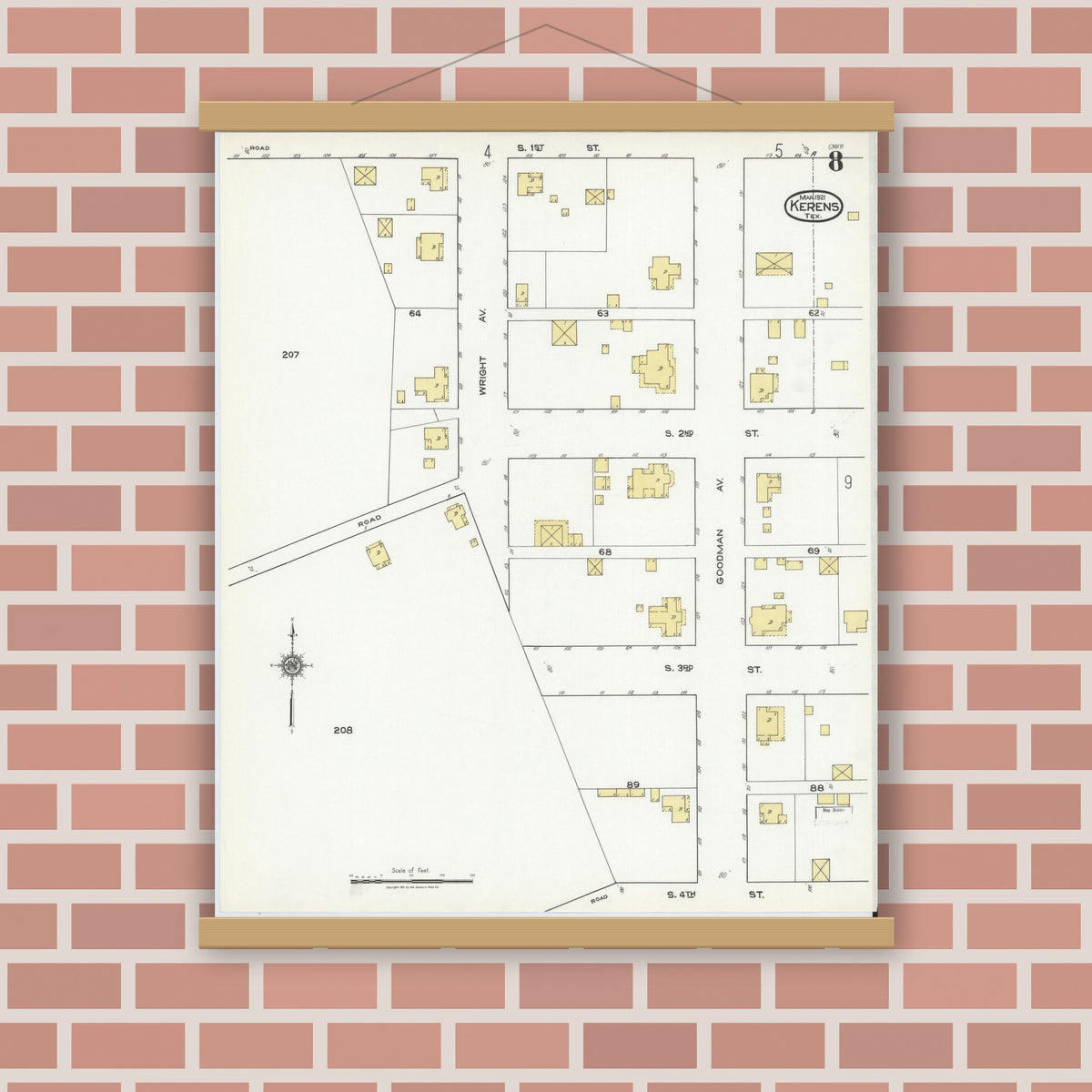 Old map wall art mockup — magnetic wood frame on brick wall — Sanborn Fire Insurance Map from Kerens, Navarro County, Texas (1921), Sheet #0008