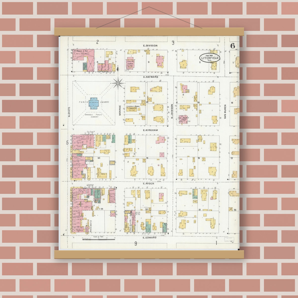 Old map wall art mockup — magnetic wood frame on brick wall — Sanborn Fire Insurance Map from Litchfield, Montgomery County, Illinois (1905), Sheet #0006