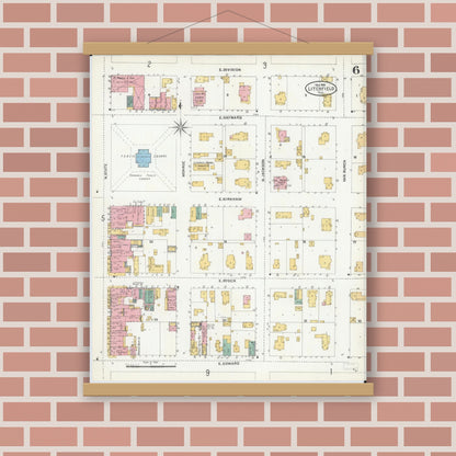 Old map wall art mockup — magnetic wood frame on brick wall — Sanborn Fire Insurance Map from Litchfield, Montgomery County, Illinois (1905), Sheet #0006