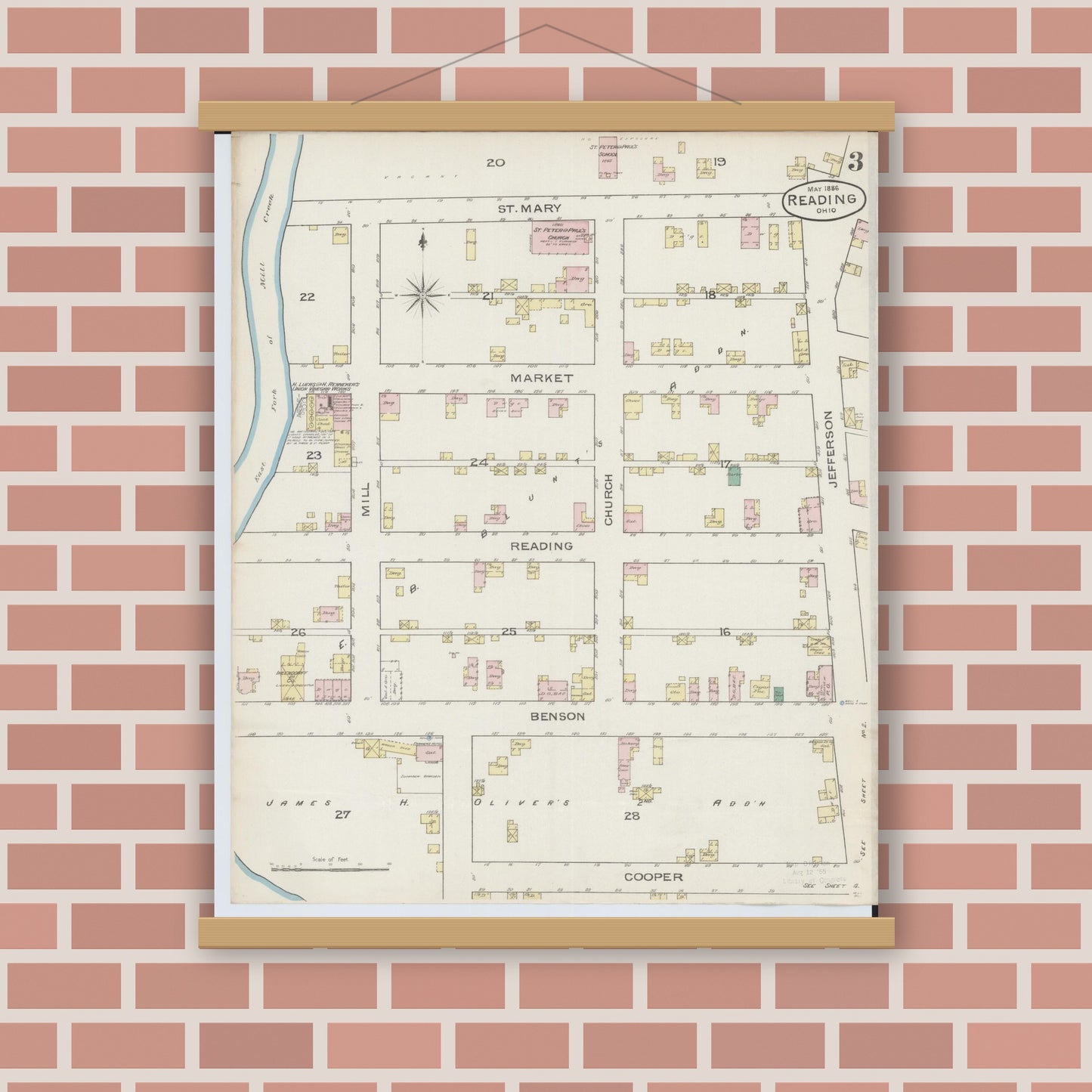 Old map wall art mockup — magnetic wood frame on brick wall — Sanborn Fire Insurance Map from Reading, Hamilton County, Ohio (1886), Sheet #0003