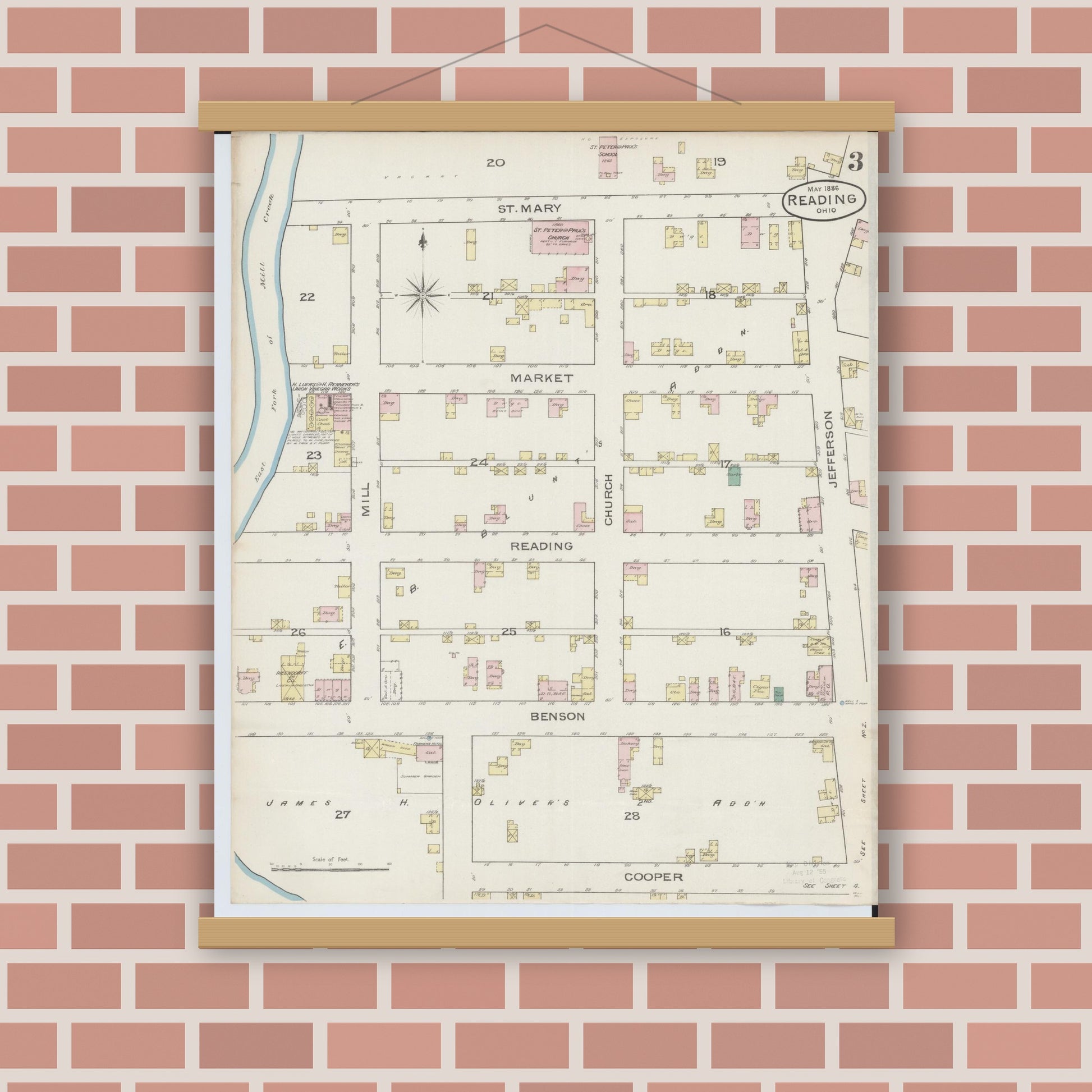 Old map wall art mockup — magnetic wood frame on brick wall — Sanborn Fire Insurance Map from Reading, Hamilton County, Ohio (1886), Sheet #0003