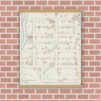 Old map wall art mockup — magnetic wood frame on brick wall — Sanborn Fire Insurance Map from Reading, Hamilton County, Ohio (1886), Sheet #0003