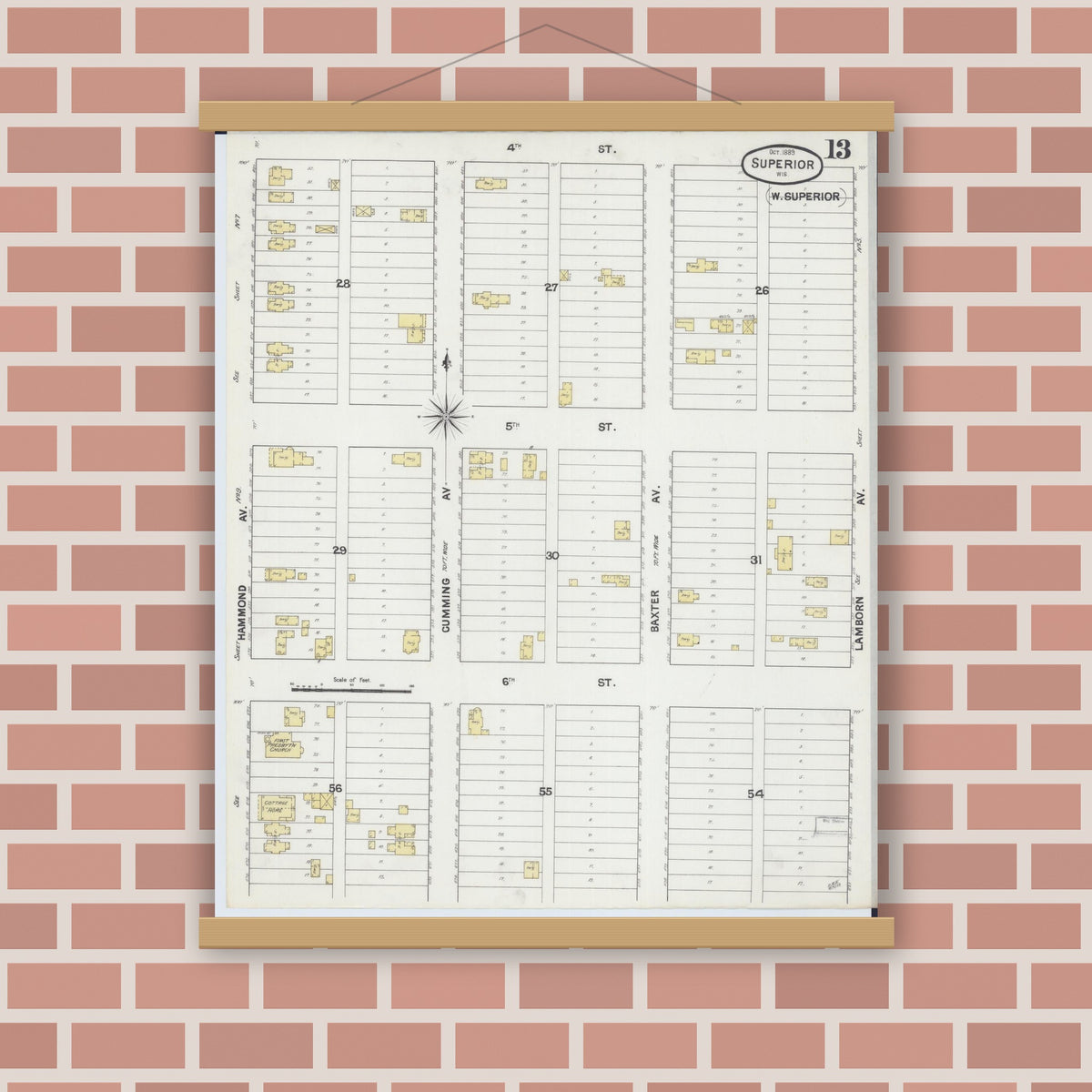 Old map wall art mockup — magnetic wood frame on brick wall — Sanborn Fire Insurance Map from Superior, Douglas County, Wisconsin (1887), Sheet #0013