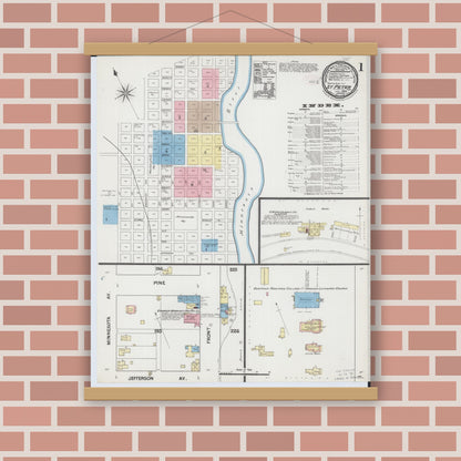 Old map wall art mockup — magnetic wood frame on brick wall — Sanborn Fire Insurance Map from Saint Peter, Nicollet County, Minnesota (1889), Sheet #0001