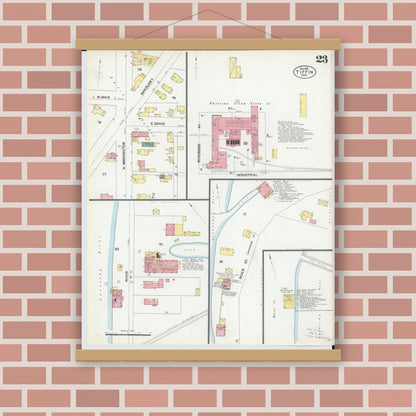 Old map wall art mockup — magnetic wood frame on brick wall — Sanborn Fire Insurance Map from Tiffin, Seneca County, Ohio (1901), Sheet #0023