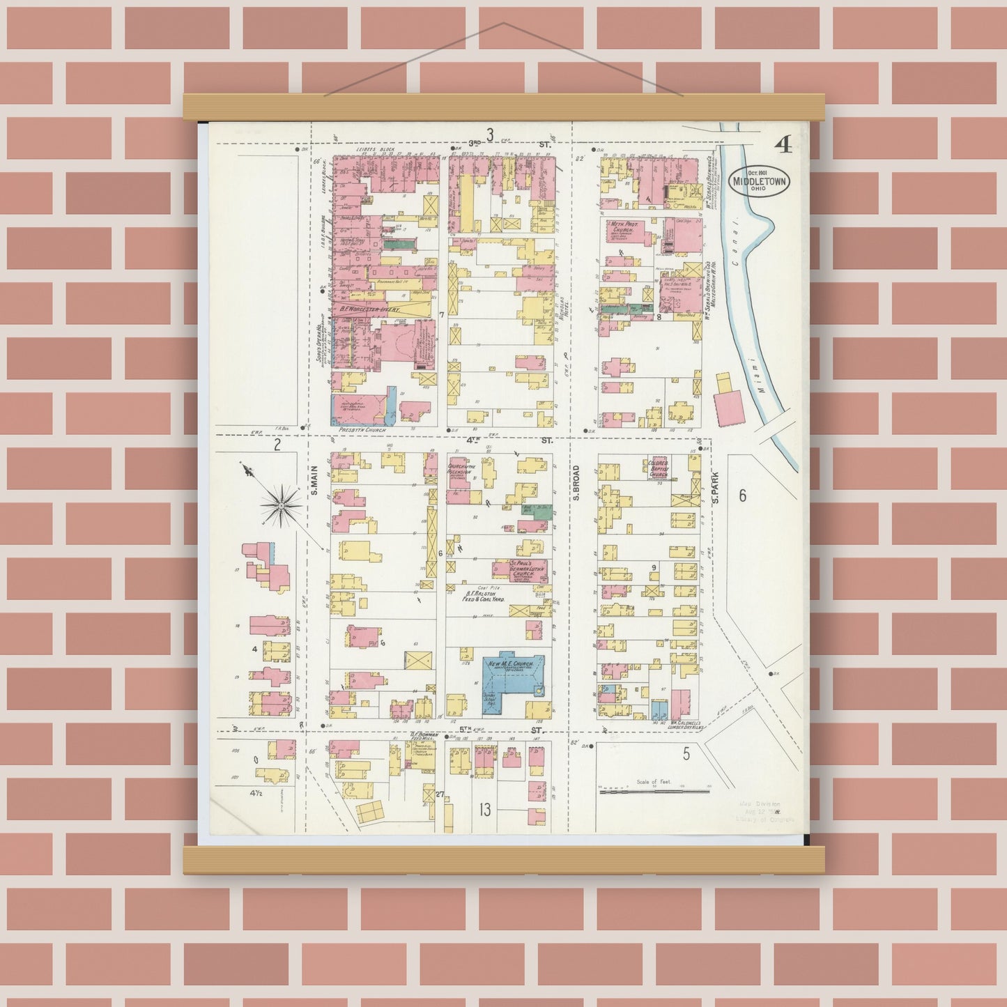 Old map wall art mockup — magnetic wood frame on brick wall — Sanborn Fire Insurance Map from Middletown, Butler County, Ohio (1901), Sheet #0004