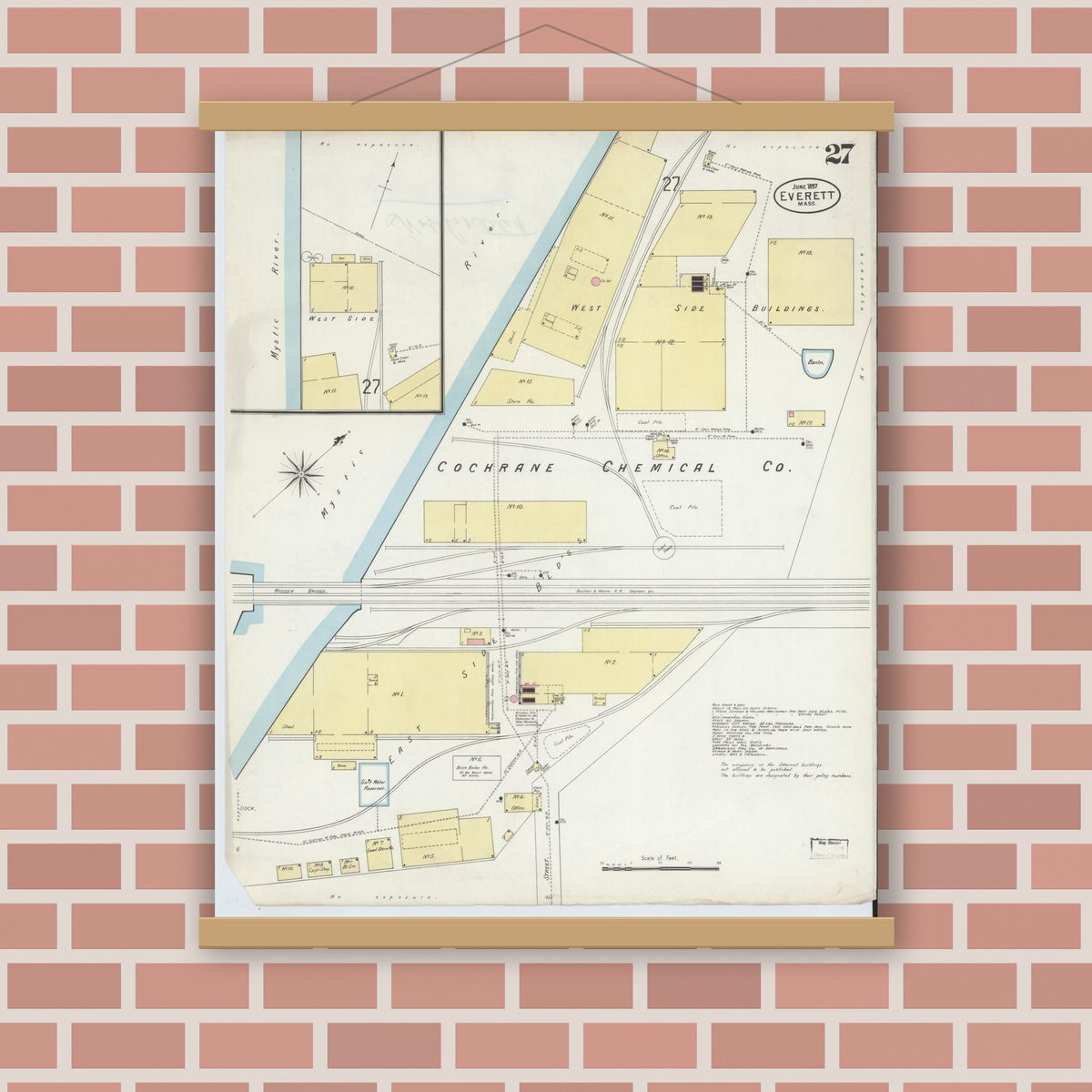 Old map wall art mockup — magnetic wood frame on brick wall — Sanborn Fire Insurance Map from Everett, Middlesex County, Massachusetts (1897), Sheet #0027