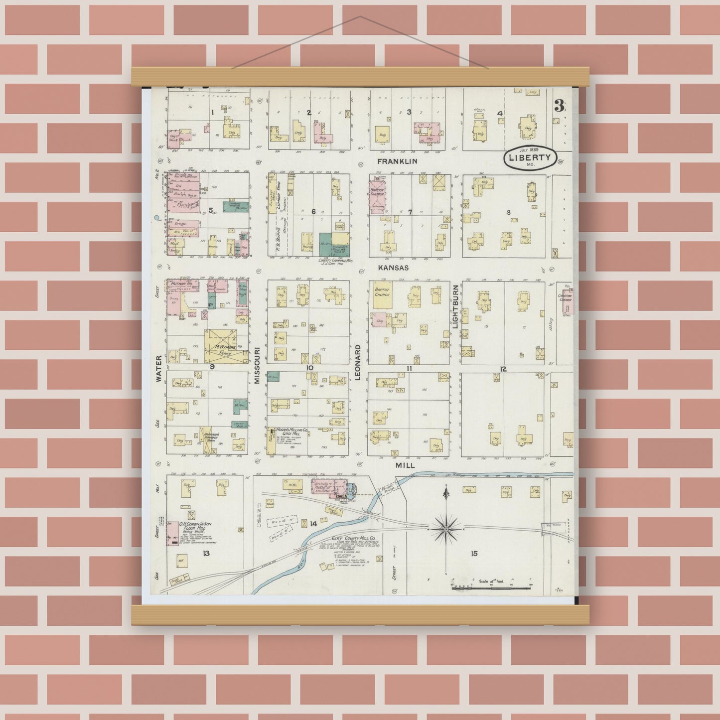 Old map wall art mockup — magnetic wood frame on brick wall — Sanborn Fire Insurance Map from Liberty, Clay County, Missouri (1889), Sheet #0003