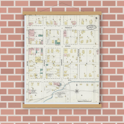 Old map wall art mockup — magnetic wood frame on brick wall — Sanborn Fire Insurance Map from Liberty, Clay County, Missouri (1889), Sheet #0003
