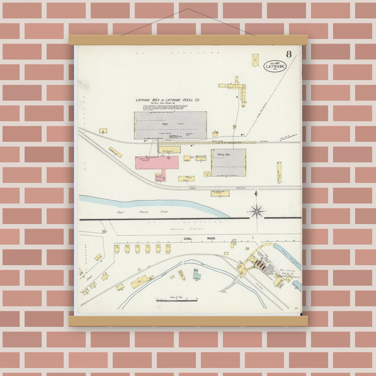 Old map wall art mockup — magnetic wood frame on brick wall — Sanborn Fire Insurance Map from Latrobe, Westmoreland County, Pennsylvania (1897), Sheet #0008