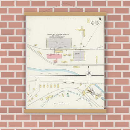 Old map wall art mockup — magnetic wood frame on brick wall — Sanborn Fire Insurance Map from Latrobe, Westmoreland County, Pennsylvania (1897), Sheet #0008