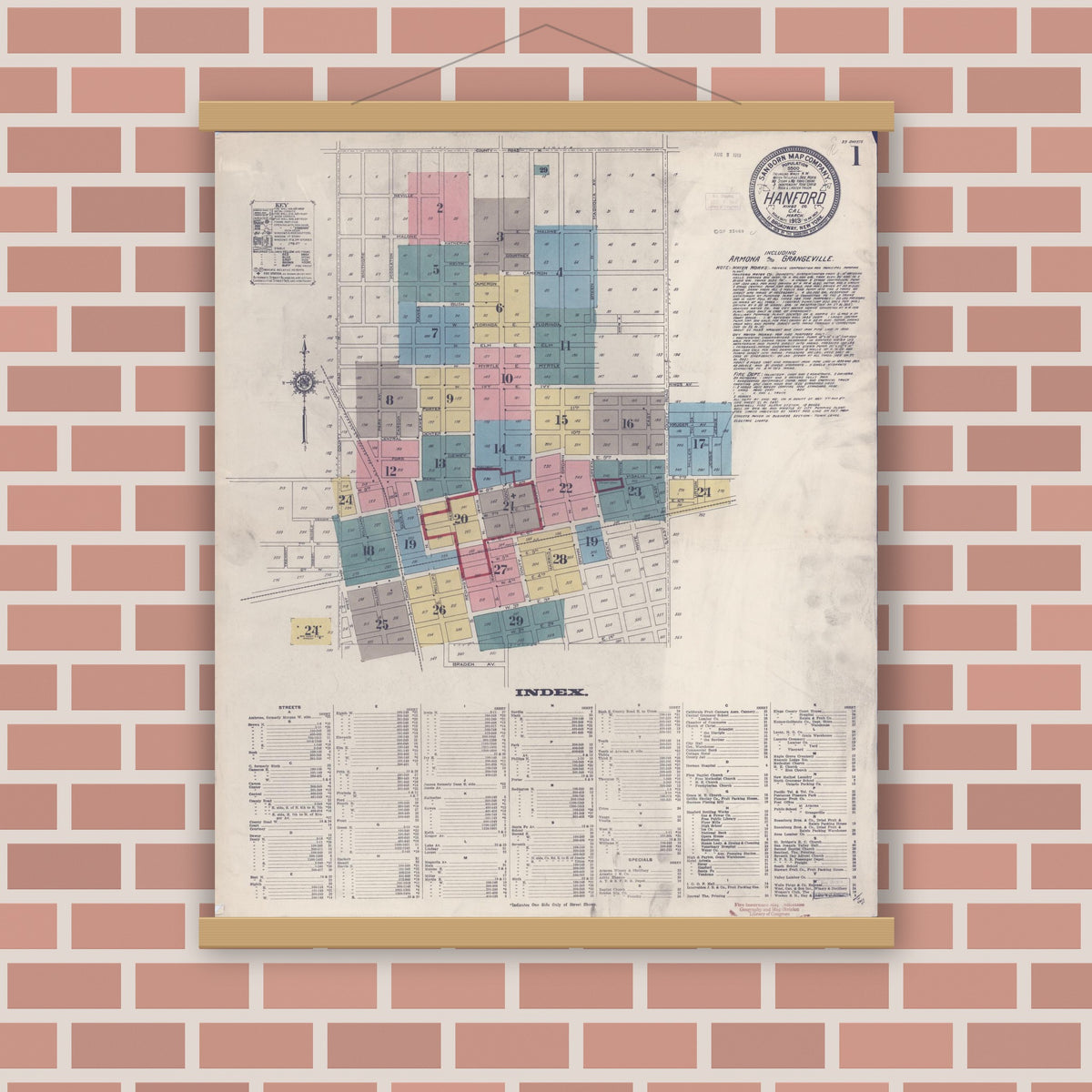 Old map wall art mockup — magnetic wood frame on brick wall — Sanborn Fire Insurance Map from Hanford, Kings County, California (1913) - Complete Map Set