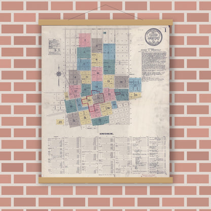 Old map wall art mockup — magnetic wood frame on brick wall — Sanborn Fire Insurance Map from Hanford, Kings County, California (1913) - Complete Map Set