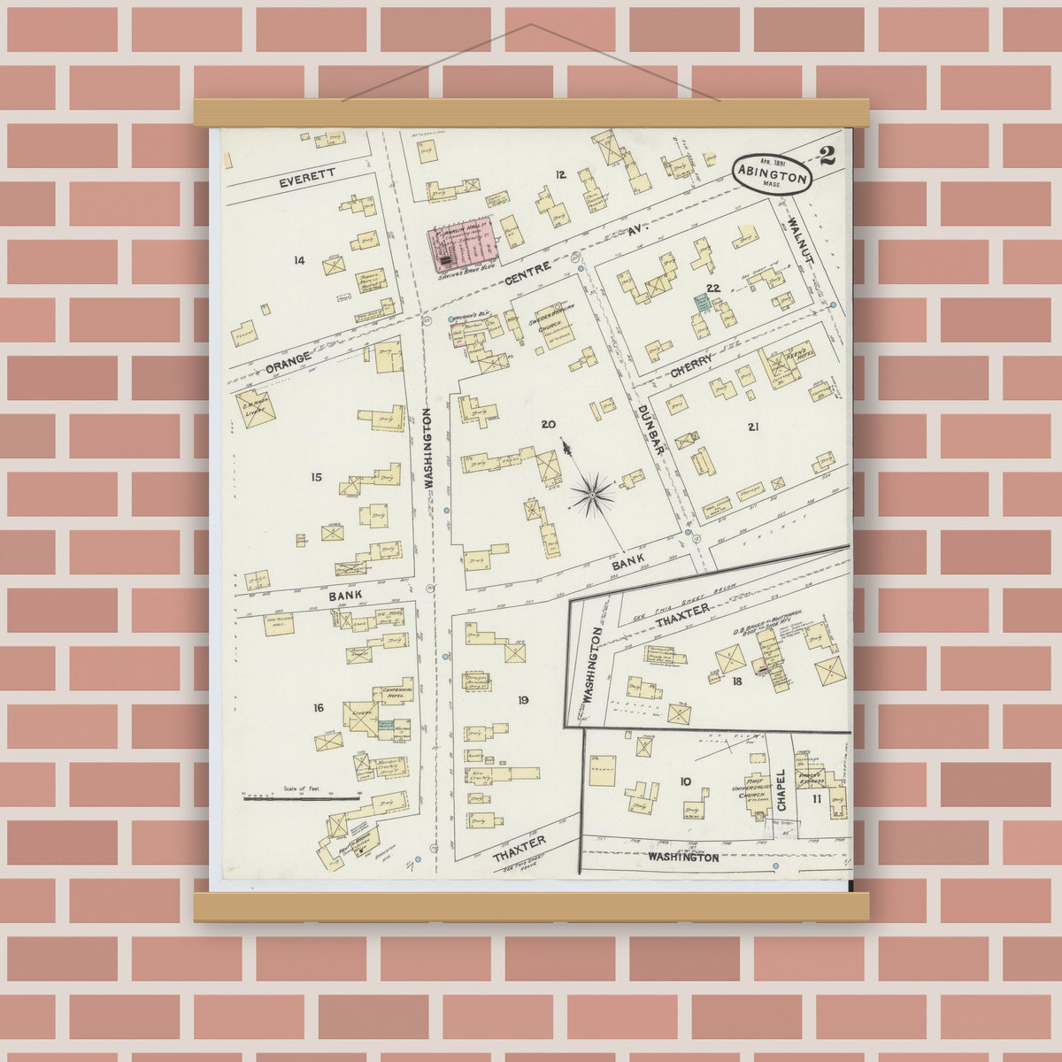 Old map wall art mockup — magnetic wood frame on brick wall — Sanborn Fire Insurance Map from Abington, Plymouth County, Massachusetts (1891), Sheet #0002